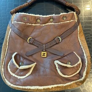 FENDI Logo Shearling Fur Tote Brown FF Bag